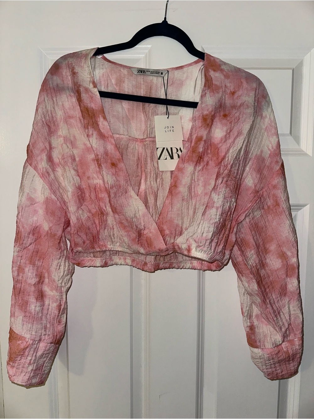 ZARA Pink & White Tie-Dye Cropped Wrap Blouse